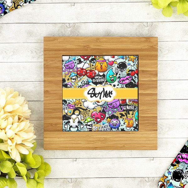 Graffiti Bamboo Trivet with 6" Tile - LIFESTYLE
