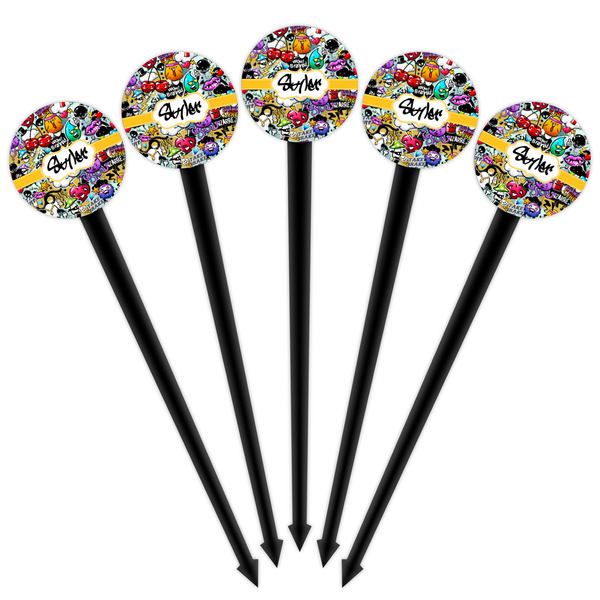 Graffiti Black Plastic 4" Food Pick - Round - Fan View