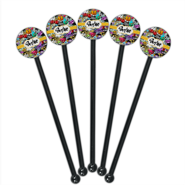 Graffiti Black Plastic 5.5" Stir Stick - Round - Fan View