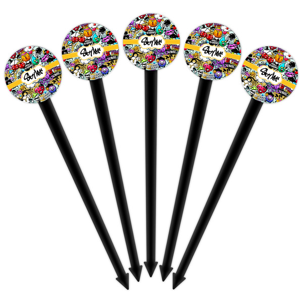 Graffiti Black Plastic 6" Food Pick - Round - Fan View