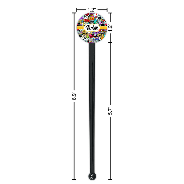 Graffiti Black Plastic 7" Stir Stick - Round - Dimensions