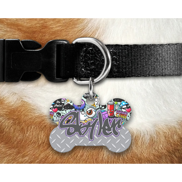 Graffiti Bone Shaped Dog Tag on Collar & Dog
