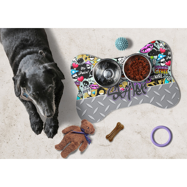 Graffiti Bone Shaped Mat w/ Food & Water