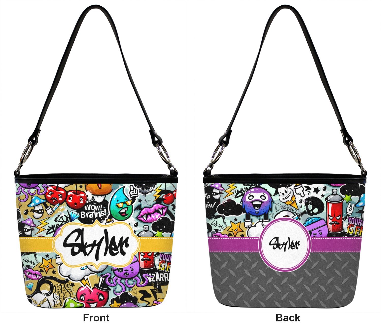 Graffiti Bucket Bag w/ Genuine Leather Trim Large w/ Name or Text