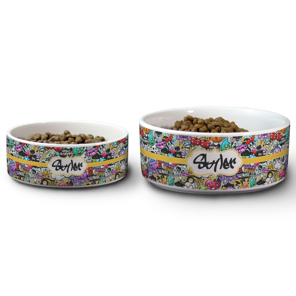 Graffiti Ceramic Dog Bowls - Size Comparison