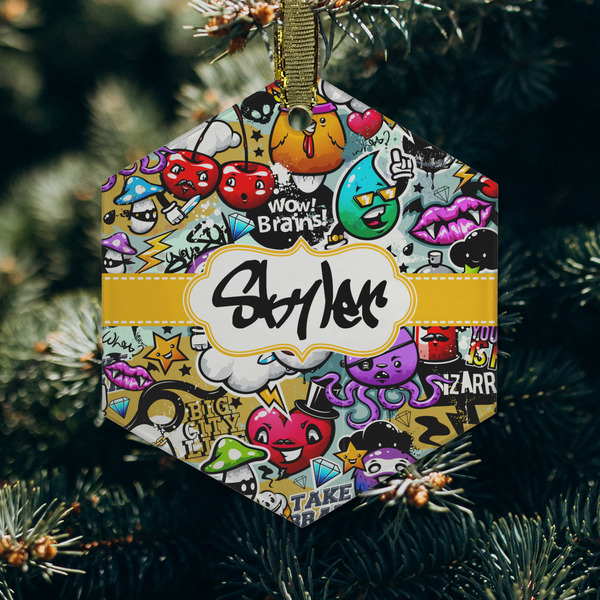 Graffiti Frosted Glass Ornament - Hexagon (Lifestyle)