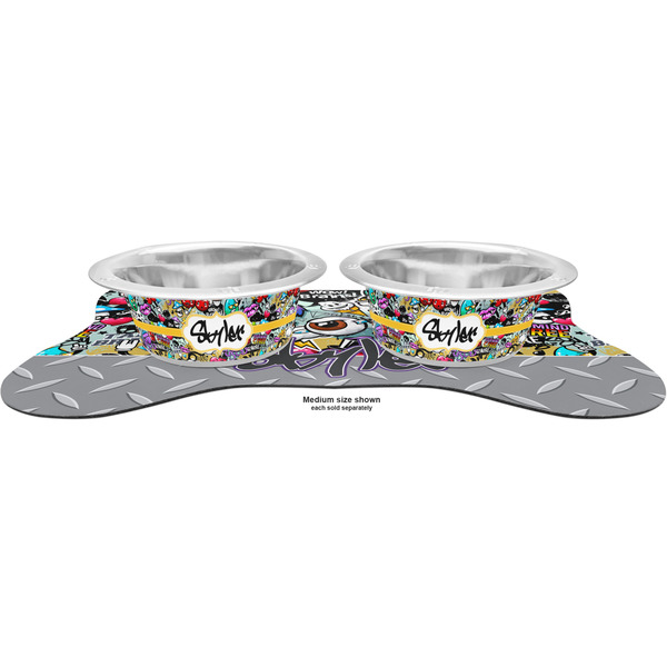 Graffiti Metal Pet Bowls - On Dog Bone Shaped Mat