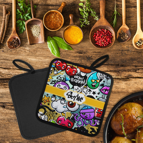Graffiti Neoprene Pot Holder - Set of 2  LIFESTYLE (Flatlay)