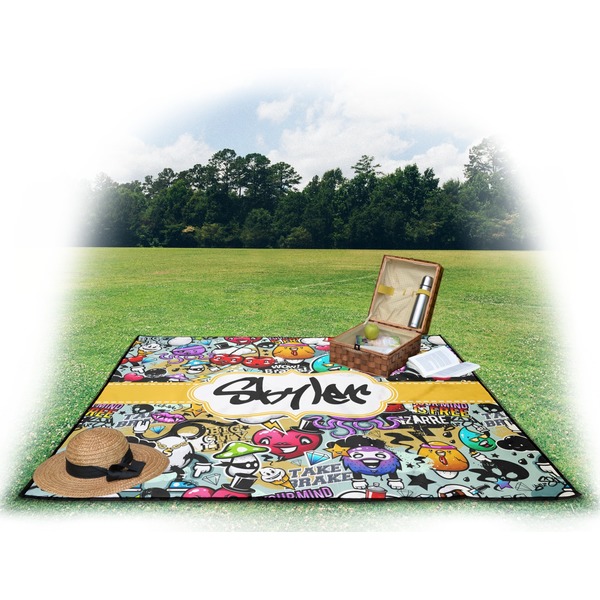 Graffiti Picnic Blanket - with Basket Hat and Book - in Use