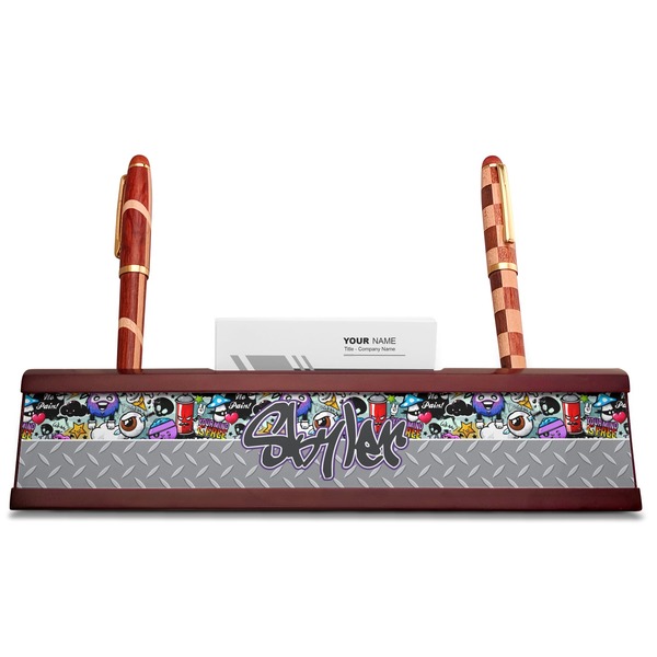 Graffiti Red Mahogany Nameplates with Business Card Holder - Straight