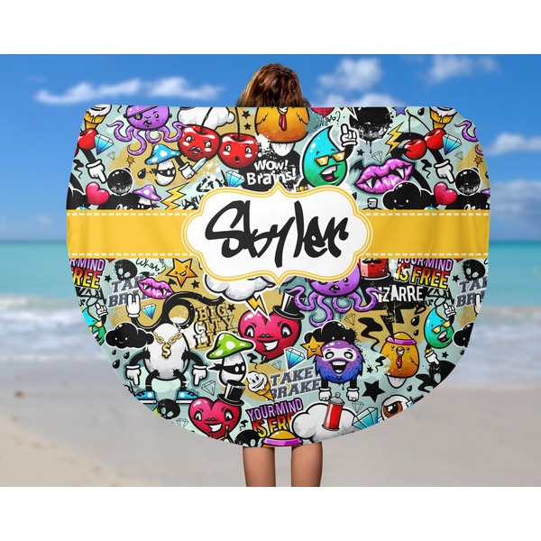 Graffiti Round Beach Towel - In Use