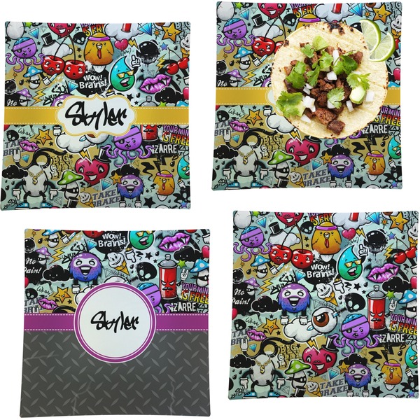 Custom Graffiti Set of 4 Glass Square Lunch / Dinner Plate 9.5" (Personalized)