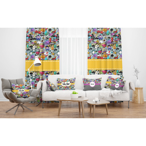 Graffiti Sheer and Custom Curtains in Room with Matching Pillows