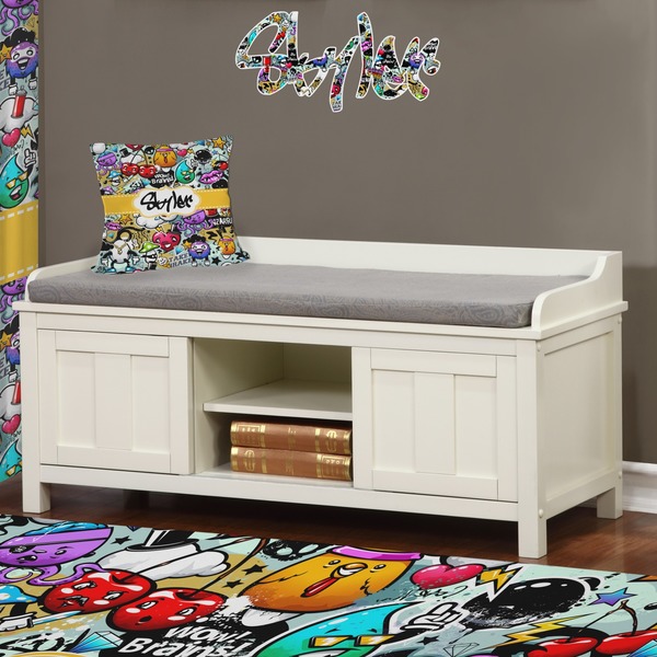 Graffiti Wall Name Decal Above Storage bench