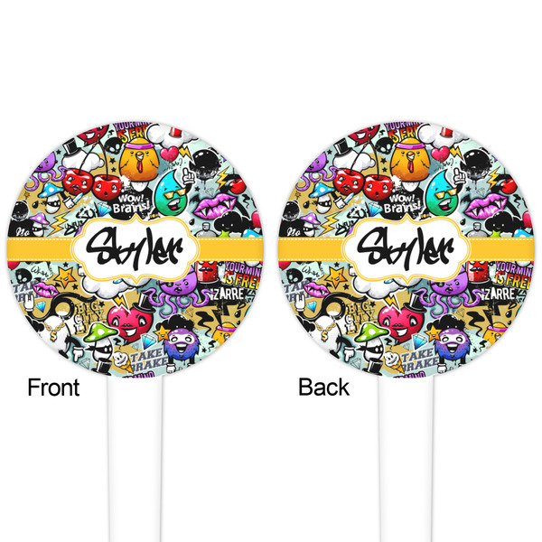 Graffiti White Plastic 4" Food Pick - Round - Double Sided - Front & Back