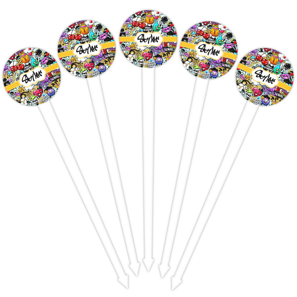 Graffiti White Plastic 4" Food Pick - Round - Fan View