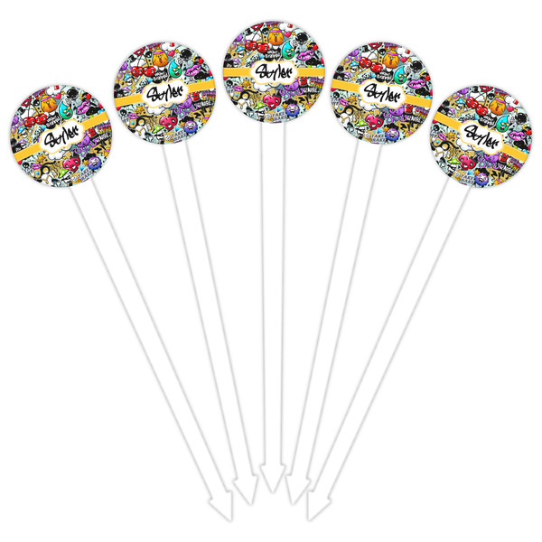 Graffiti White Plastic 6" Food Pick - Round - Fan View