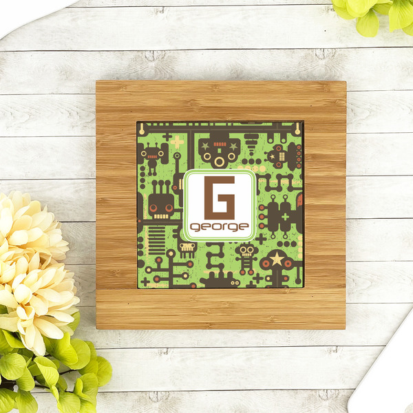Industrial Robot 1 Bamboo Trivet with 6" Tile - LIFESTYLE