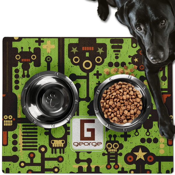 Custom Industrial Robot 1 Dog Food Mat - Large w/ Name and Initial