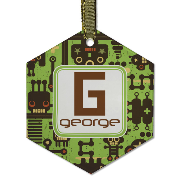 Custom Industrial Robot 1 Flat Glass Ornament - Hexagon w/ Name and Initial