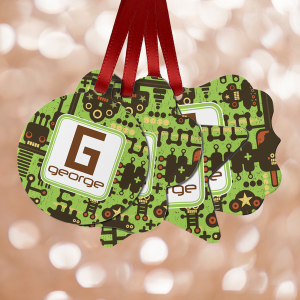 Custom Industrial Robot 1 Metal Ornaments - Double Sided w/ Name and Initial