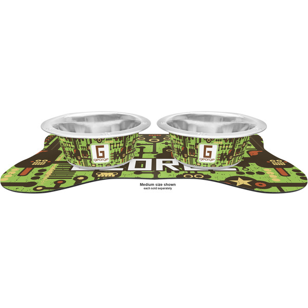 Industrial Robot 1 Metal Pet Bowls - On Dog Bone Shaped Mat