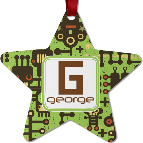 Custom Industrial Robot 1 Metal Star Ornament - Double Sided w/ Name and Initial