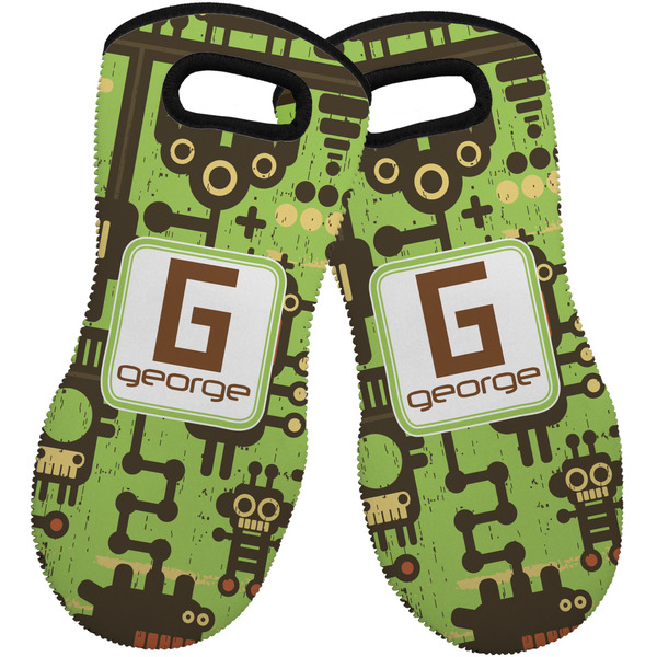 Custom Industrial Robot 1 Neoprene Oven Mitts - Set of 2 w/ Name and Initial