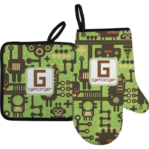 Custom Industrial Robot 1 Right Oven Mitt & Pot Holder Set w/ Name and Initial