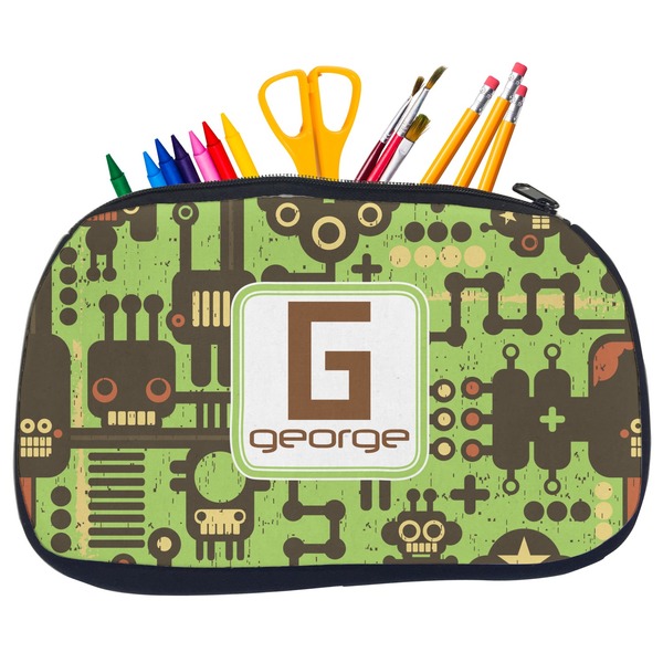 Custom Industrial Robot 1 Neoprene Pencil Case - Medium w/ Name and Initial