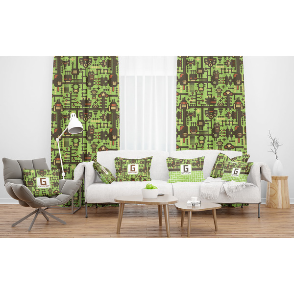 Industrial Robot 1 Sheer and Custom Curtains in Room with Matching Pillows