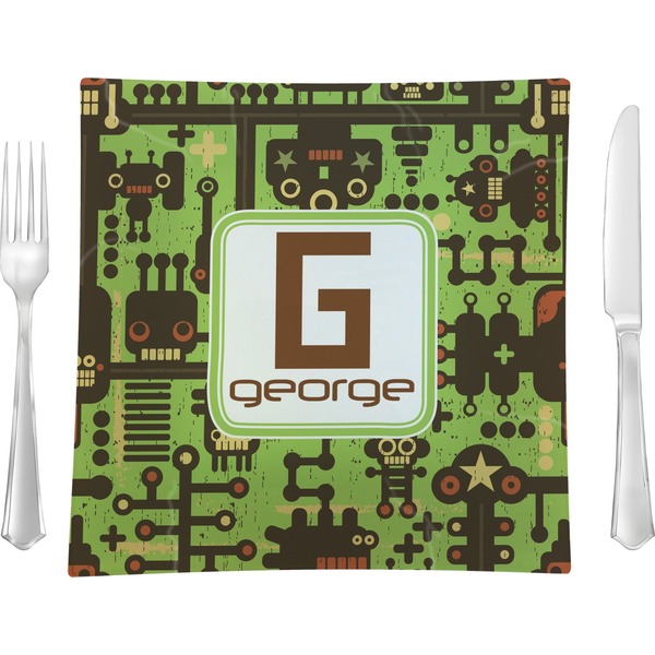 Custom Industrial Robot 1 9.5" Glass Square Lunch / Dinner Plate- Single or Set of 4 (Personalized)