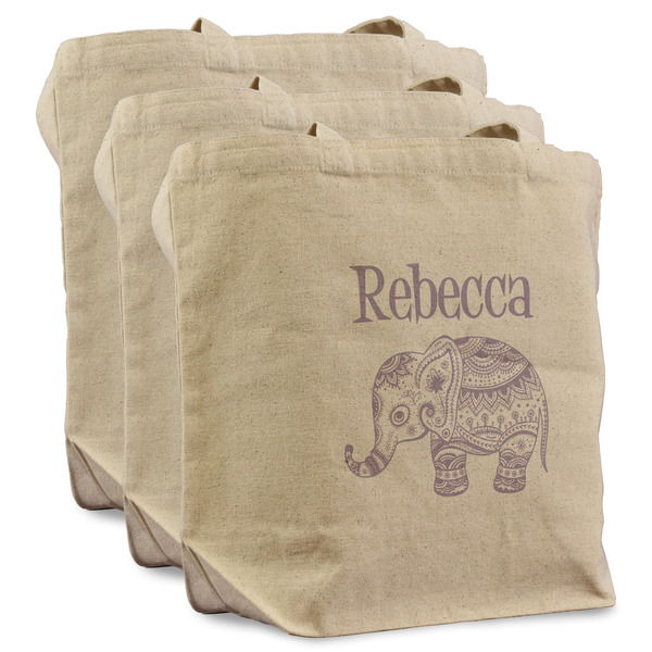 Custom Baby Elephant Reusable Cotton Grocery Bags - Set of 3 (Personalized)