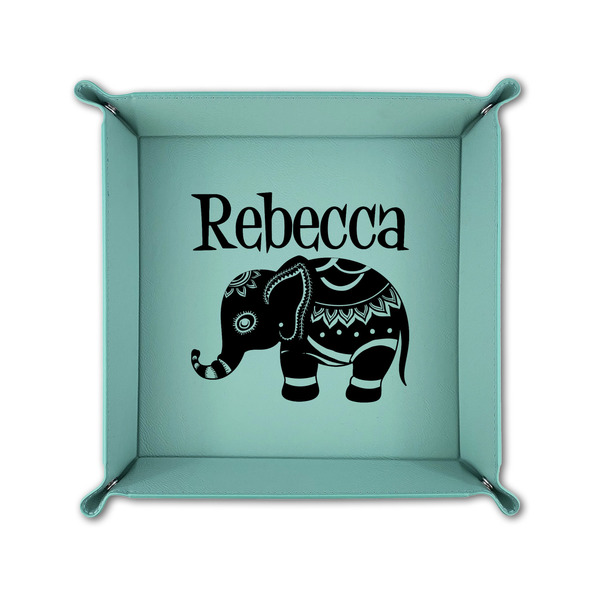 Baby Elephant 6" x 6" Teal Leatherette Snap Up Tray - FOLDED UP