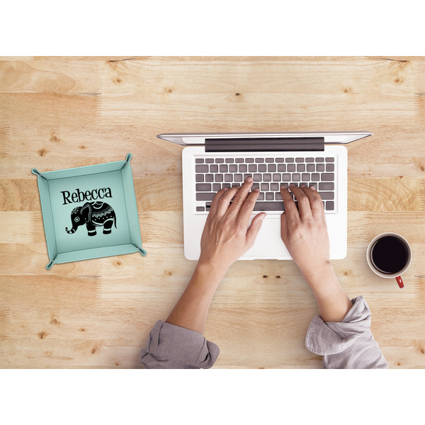 Baby Elephant 6" x 6" Teal Leatherette Snap Up Tray - LIFESTYLE