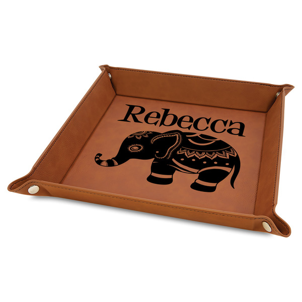 Custom Baby Elephant Faux Leather Dice Tray - 9" x 9" - Rawhide (Personalized)