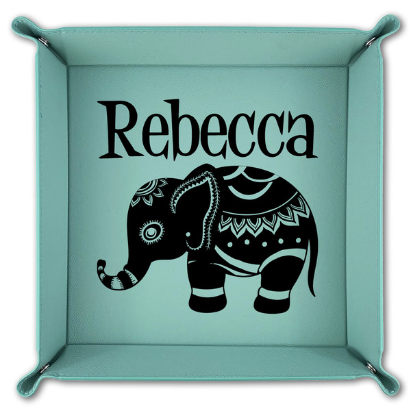 Baby Elephant 9" x 9" Teal Leatherette Snap Up Tray - FOLDED