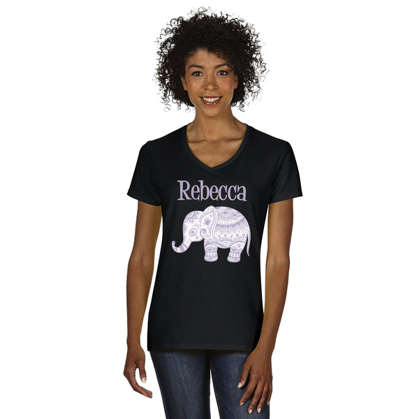 Custom Baby Elephant Women's V-Neck T-Shirt - Black - Large (Personalized)