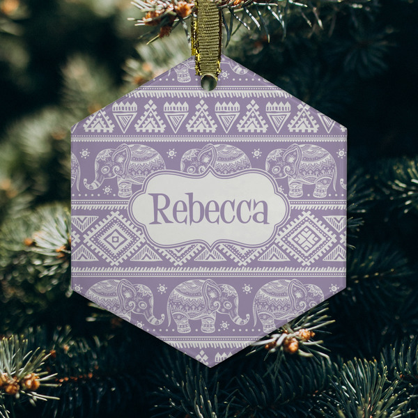 Baby Elephant Frosted Glass Ornament - Hexagon (Lifestyle)
