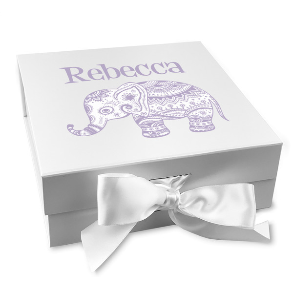 Custom Baby Elephant Gift Box with Magnetic Lid - White (Personalized)