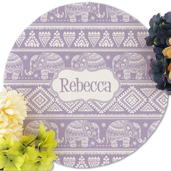 Baby Elephant Round Linen Placemats - Front (w flowers)