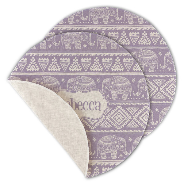 Custom Baby Elephant Round Linen Placemat - Single Sided - Set of 4 (Personalized)