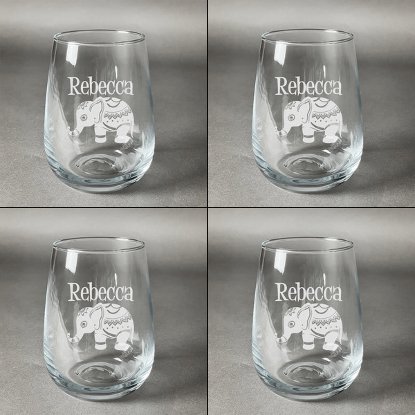 Baby Elephant Set of Four Personalized Stemless Wineglasses (Approval)
