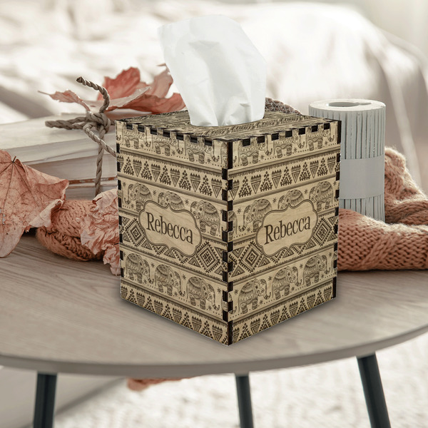 Baby Elephant Square Tissue Box Covers - Wood - In Context