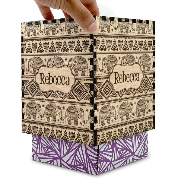 Baby Elephant Square Tissue Box Covers - Wood - with box