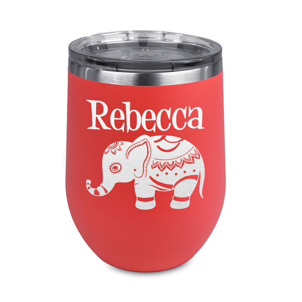 Custom Baby Elephant Stemless Stainless Steel Wine Tumbler - Coral - Double Sided (Personalized)
