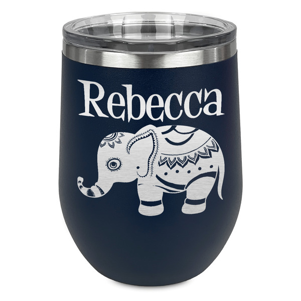 Baby Elephant Stainless Wine Tumblers - Navy - Single Sided - Front