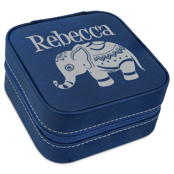 Custom Baby Elephant Travel Jewelry Box - Navy Blue Leather (Personalized)