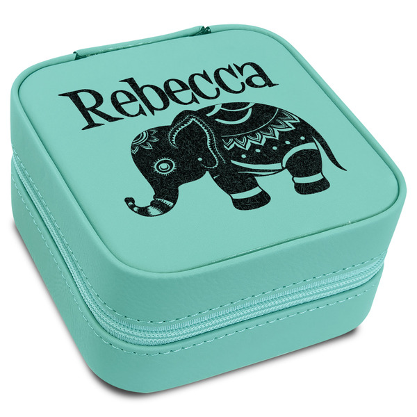 Custom Baby Elephant Travel Jewelry Box - Teal Leather (Personalized)