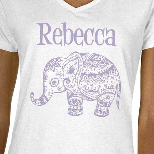 Baby Elephant White V-Neck T-Shirt on Model - CloseUp